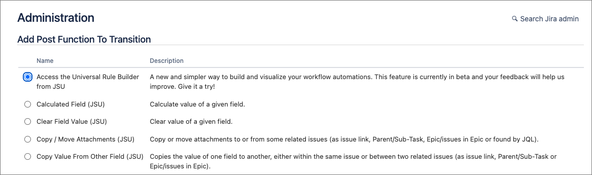 Universal Rule Builder post function shown in the list of available post functions for a transition in Jira.