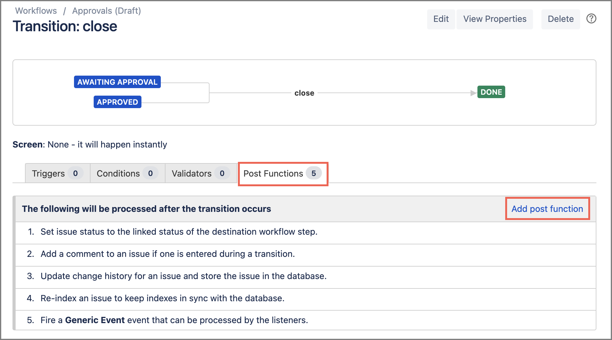 Post functions tab highlighted in the Close transition of the Approvals workflow.