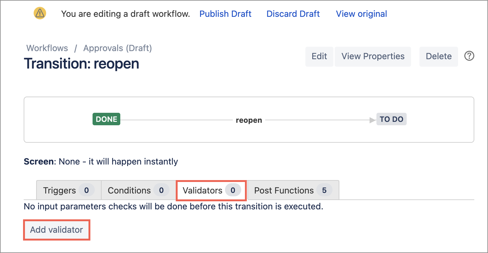 Draft workflow showing the Validator tab highlighted.