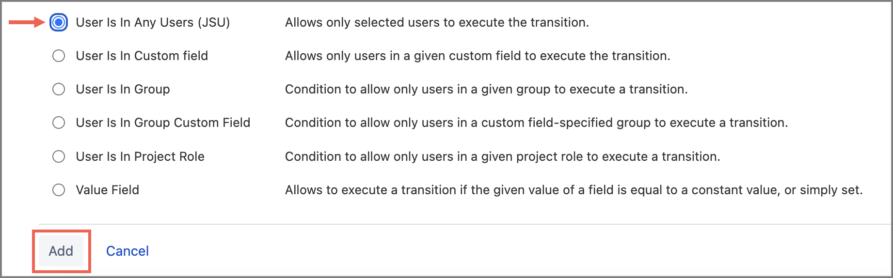 List of available conditions showing the selected Users Is In Any Users condition.