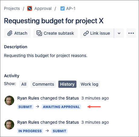 History tab in example Jira issue shows the issue was moved from Submit to Awaiting Approval.