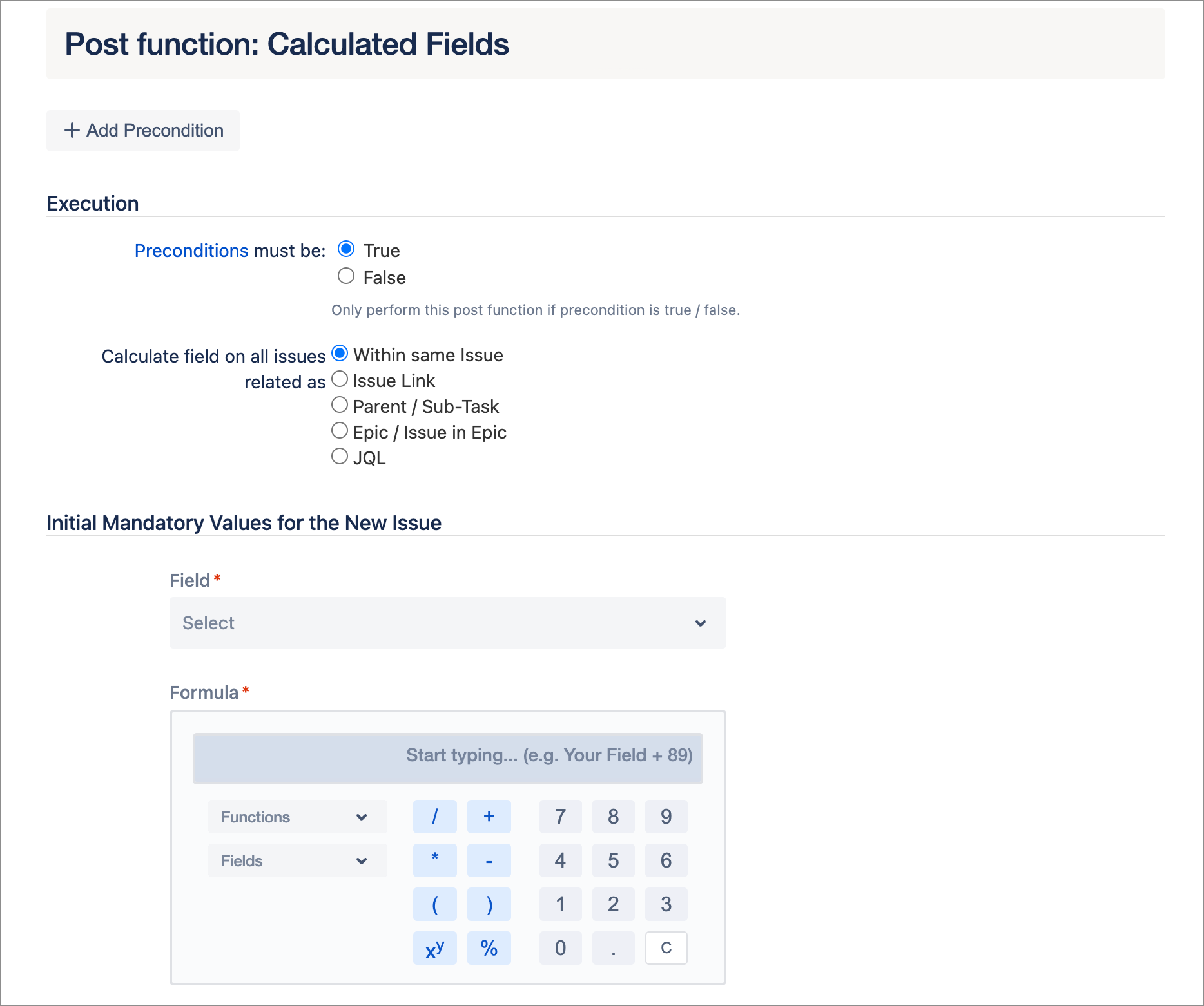 Screenshot of the Calculated Fields post function configuration options.