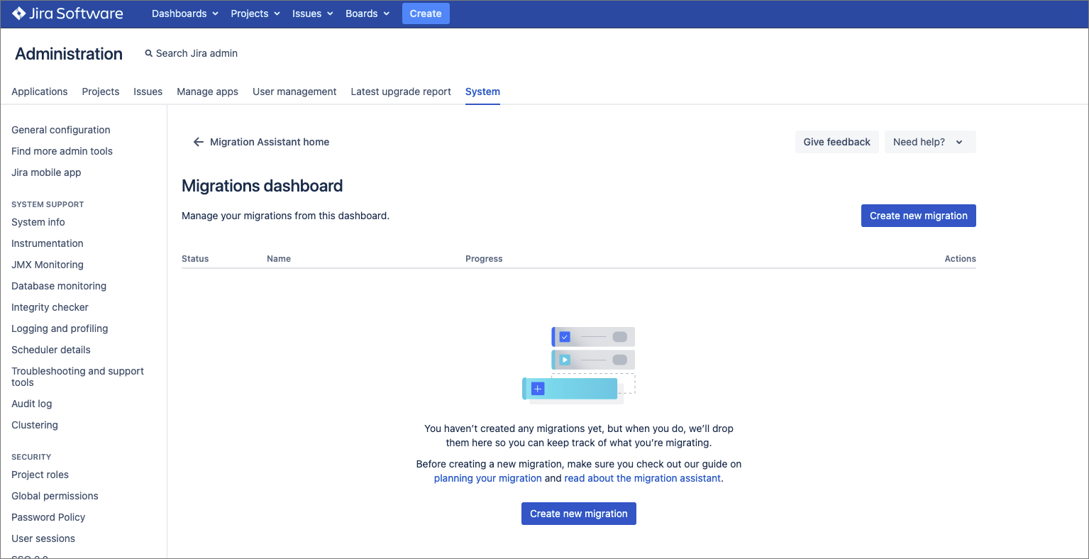 The Migrations dashboard in Jira.