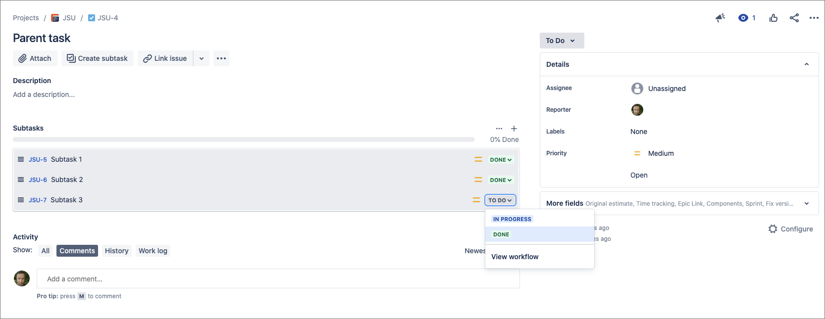 Example Jira issue with subtasks moved to the Done status.