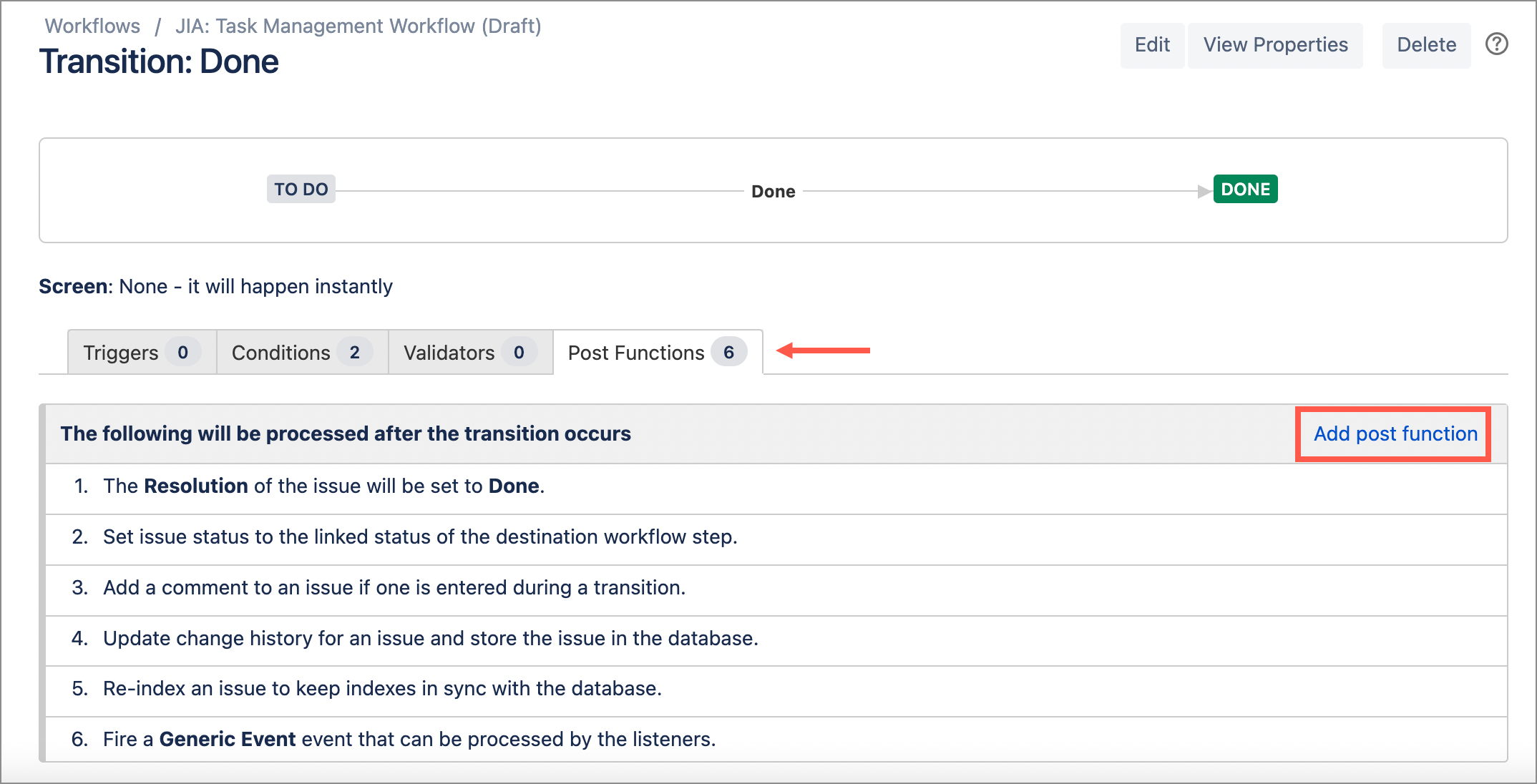 The transition page for the draft workflow with the post functions tab selected. The Add post function link is highlighted in red.