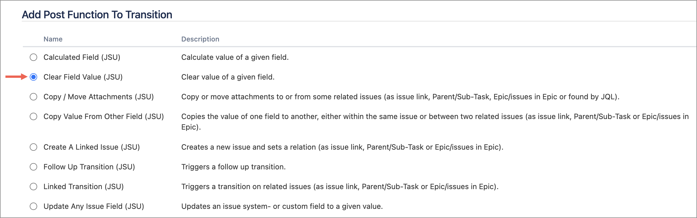 List of available post functions in Jira.