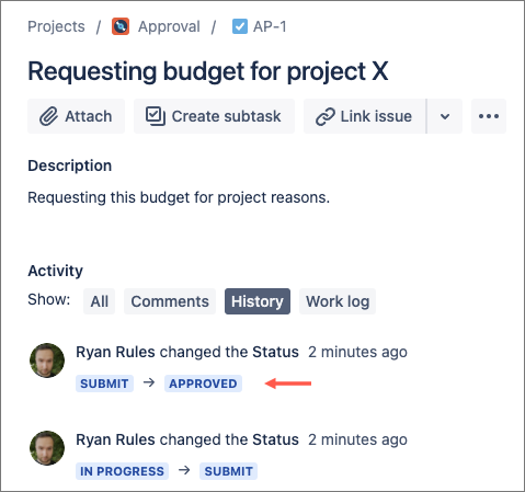 History tab in example Jira issue shows the issue was moved from Submit to Approved.