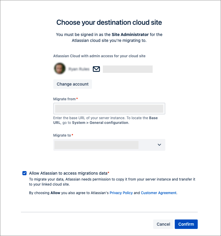 The Choose your destination cloud site prompt for JCMA.