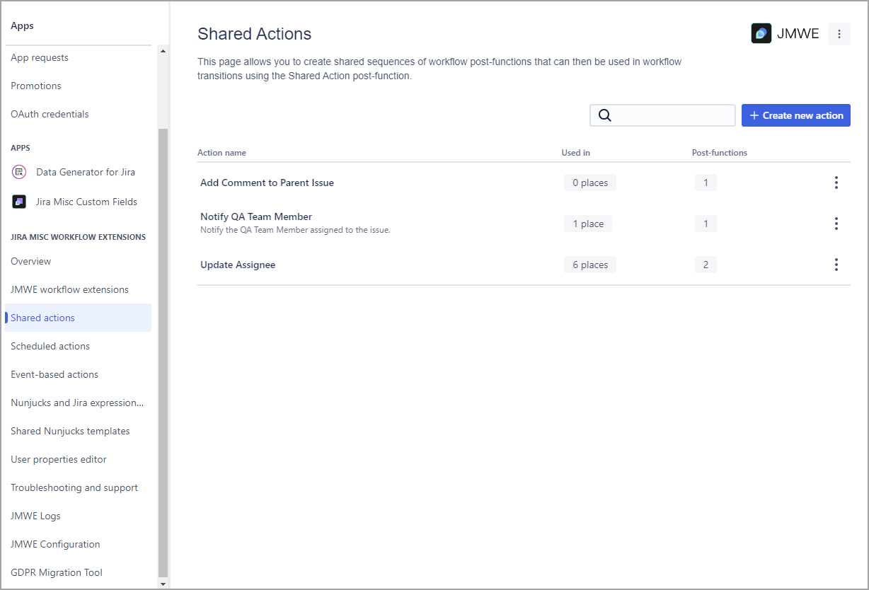 JMWE Administration Page for Shared actions